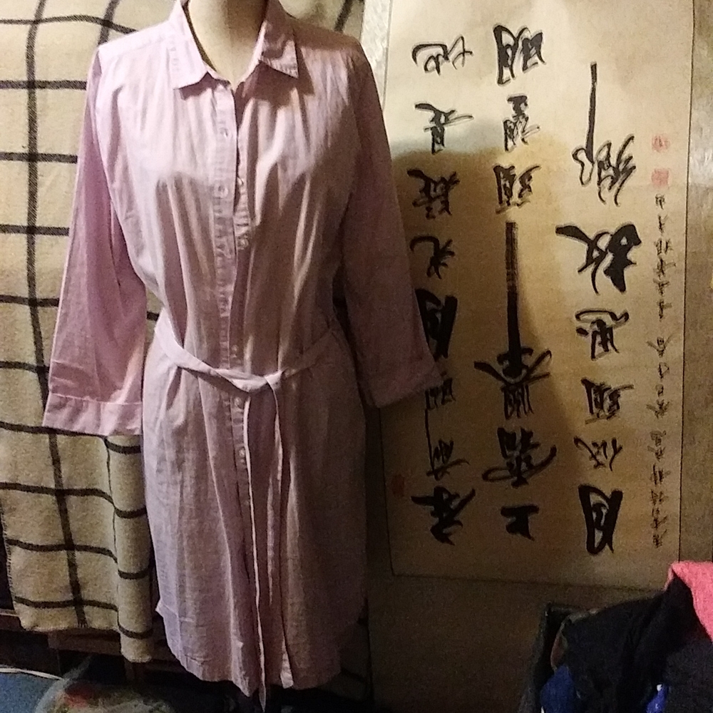 City Streets Large, long sleeved midi shirt dress with belt. Front buttons
